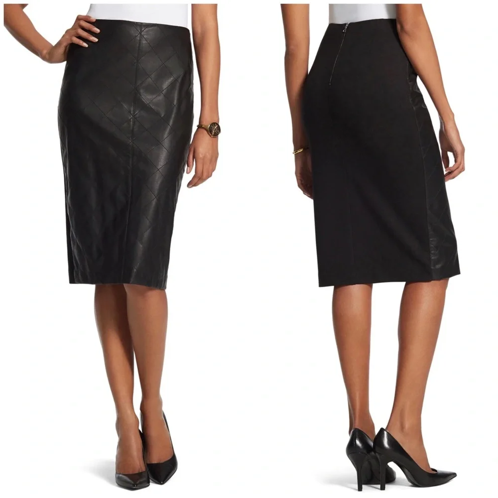 Chico's Faux Leather Quilted Pencil Skirt In Black Size Medium (10)‎